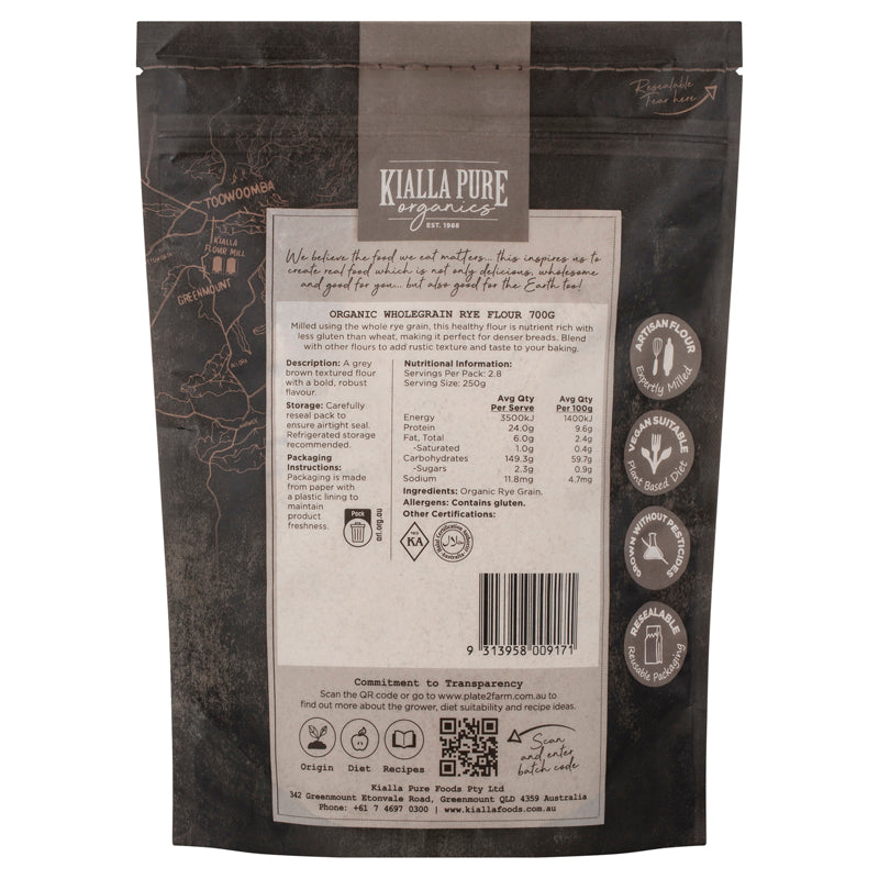 Kialla Pure Organics Wholegrain Rye Flour 700g