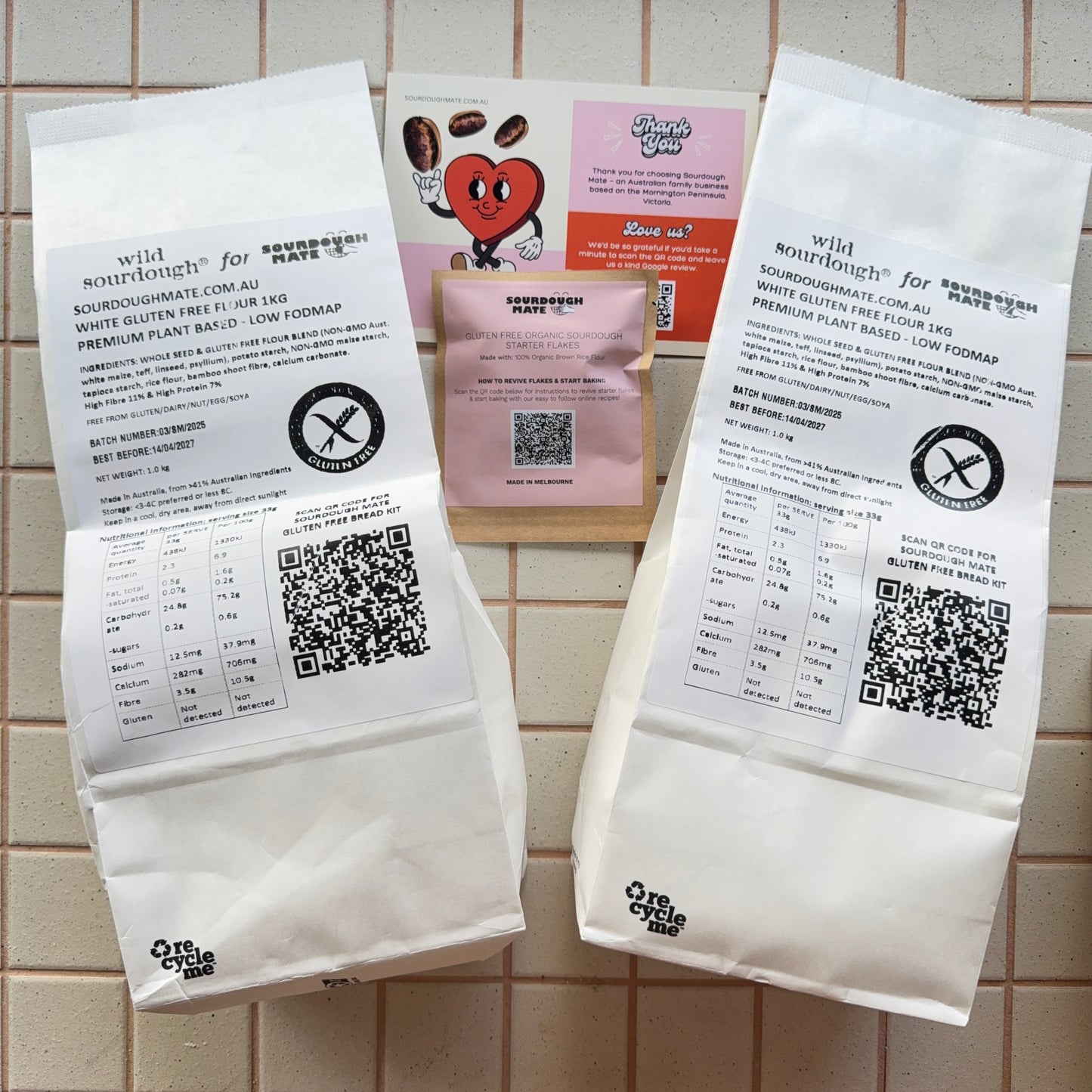 2kg gluten free white flour bag and sourdough starter flakes sachet bundle