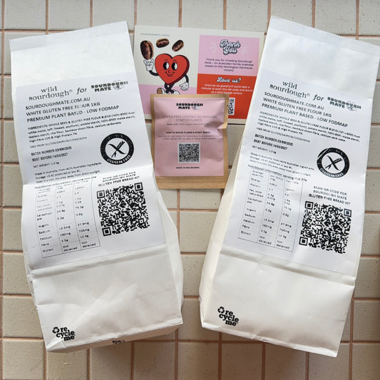 2kg gluten free white flour bag and sourdough starter flakes sachet bundle