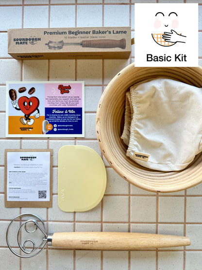 Wheat sourdough starter kit with cane banneton, lame, dough whisk and scraper